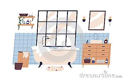 Modern scandinavian bathroom interior furnished with bathtub and washstand. Foamy bath tub in cosy room. Colorful flat Vector Illustration