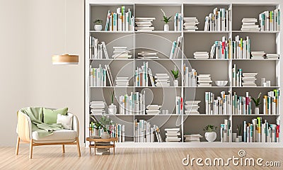 Modern, Scandinavian style interior with book shelf full of books. Minimalist interior design. 3D illustration Cartoon Illustration