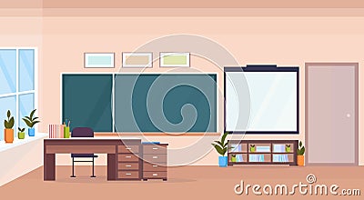 Modern school classroom interior chalk board teacher desk empty no people horizontal banner flat Vector Illustration