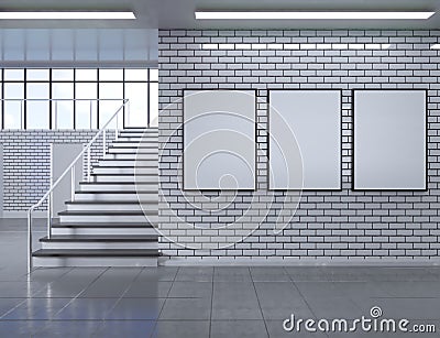 Modern school corridor interior with empty poster on wall. Mock up, 3D Rendering illustration Cartoon Illustration