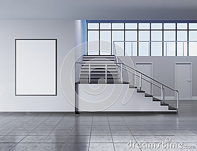 Modern school corridor interior with empty poster on wall. Mock up, 3D Rendering illustration Cartoon Illustration