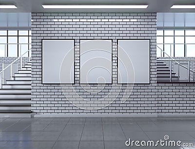 Modern school corridor interior with empty poster on wall. Mock up, 3D Rendering illustration Cartoon Illustration