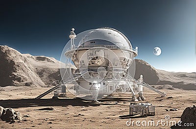 Modern Science Station on the Moon, futuristic science laboratory on the surface of Moon landscape Cartoon Illustration