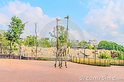 Modern sculpture of two giraffes at the zoo. Two giraffe sculpture with black spots stands under a red canopy in an Stock Photo