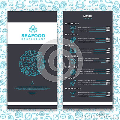 Modern seafood restaurant, cafe brochure menu vector template with line sea food icons Vector Illustration