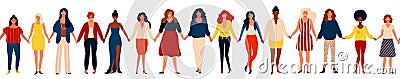 Modern seamless border with international group of happy women or girls standing together and holding hands. Vector Illustration