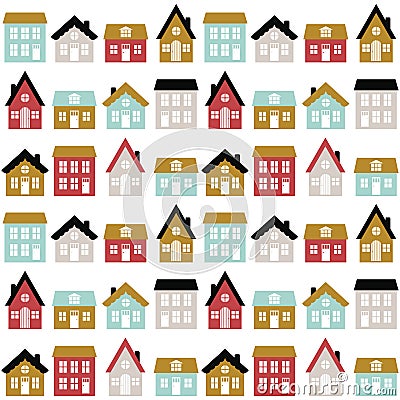 Modern seamless childish pattern with cute houses in scandinavian style. Kids city texture for print. Vector Illustration