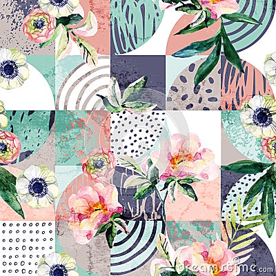 Modern seamless geometric and floral pattern Cartoon Illustration