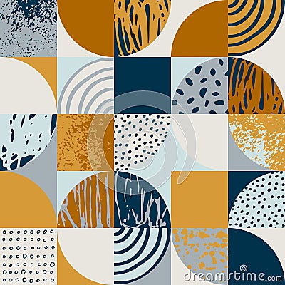 Modern seamless geometric pattern: semicircles, circles, squares, grunge textures, doodles Stock Photo