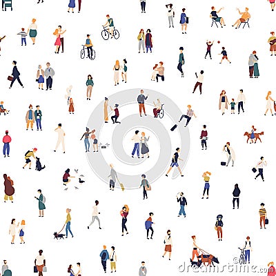 Modern seamless pattern with crowd of walking on street, riding bike, playing games. Backdrop with men, women and kids Vector Illustration