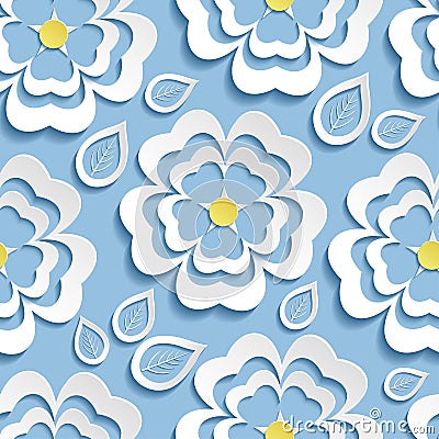 Modern seamless pattern with 3d flowers sakura and leaves Vector Illustration