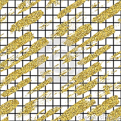 Modern seamless pattern with glitter brush stripes and strokes. Golden, black color on white background. Hand painted Stock Photo
