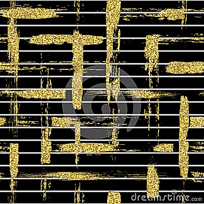 Modern seamless pattern with glitter brush stripes and strokes plaid. Golden color on black background. Hand painted Stock Photo