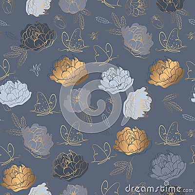 Modern seamless pattern with grey, gold spring flowers and butterflies. Vector Illustration