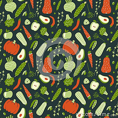 Modern seamless pattern with hand drawn green and red vegetables. Vector Illustration