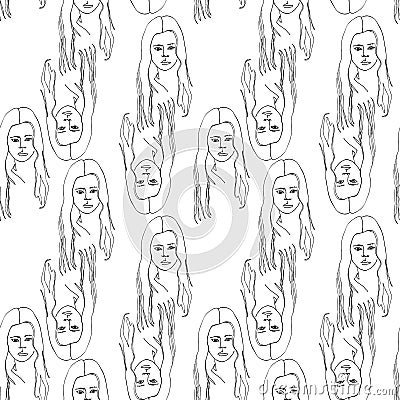 Modern seamless pattern with linear abstract woman with curly hair. Continuous line art. One line drawing. Vector Illustration