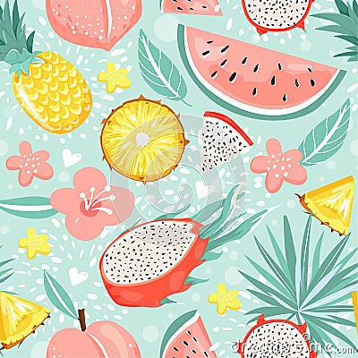 Modern seamless pattern with pineapple, dragon fruit, watermelon, peach, flowers, leaves and heart. Summer vibes. Vector Illustration