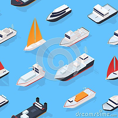 Modern seamless pattern with various isometric ships, sailing boat and marine vessels. Backdrop with sea transport Vector Illustration