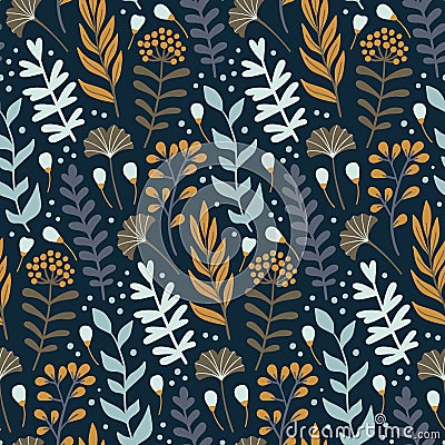 Modern seamless pattern with wild floral elements. Hand drawn flowers. Vector Illustration