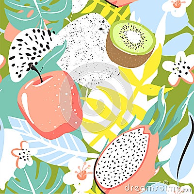 Modern seamless tropical pattern with kiwi, papaya, dragon fruit, apple, flower and tropical leaves. Vector Illustration