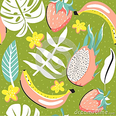 Modern seamless tropical pattern with strawberry, dragon fruit, banana, leaves, flowers and seeds. Vector Illustration