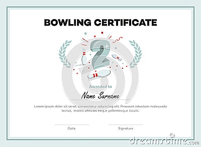 Modern second place bowling certificate diploma with place for your content Vector Illustration