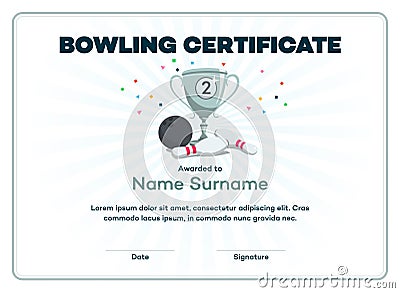 Modern second place bowling certificate diploma with a silver winning cup and place for your content Vector Illustration