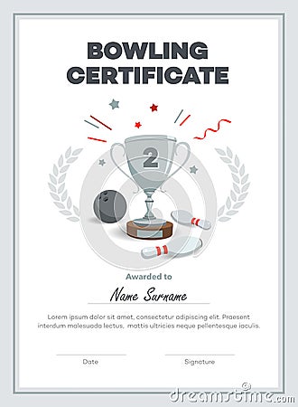 Modern second place bowling certificate diploma with place for your content Vector Illustration