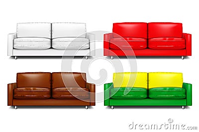 Modern sectional sofa. White and color set. Contemporary couch with metal legs. Settee with cushions. Realistic vector Vector Illustration