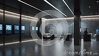 modern secure minimalist office with concrete walls and digital screens Stock Photo
