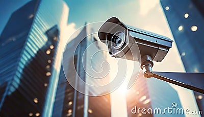 Modern Security Camera with Blurred Skyscrapers on Background - Generative Ai Stock Photo