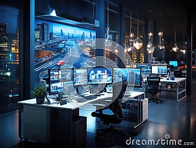 Modern security station with multiscreen surveillance system Stock Photo