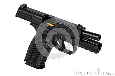 Modern semi-automatic pistol isolate on a white background. Armament for the army and police. Short-barreled weapon Stock Photo