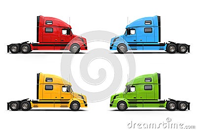 Modern semi trailer trucks - blue, yellow, red and green Stock Photo