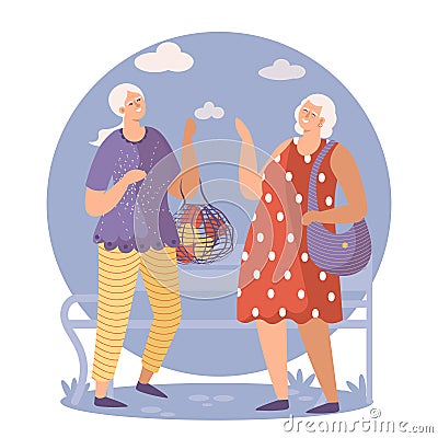 Modern senior ladies spending time together and talking outside. Happy old age Vector Illustration