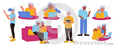 Modern senior people gadgets. Happy elderly characters with different devices, older generation mastering technologies Vector Illustration