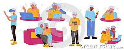 Modern senior people gadgets. Happy elderly characters with different devices, older generation mastering technologies, Vector Illustration