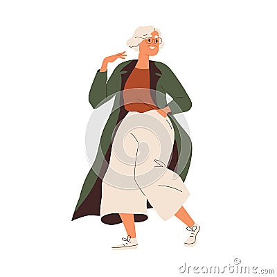 Modern senior woman dancing, going. Happy old grandmother in fashion apparel, sneakers. Active gray-haired elder lady Vector Illustration