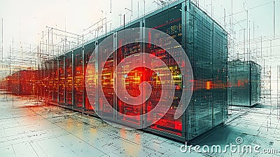 Modern Server Farm: Transition from Reality to Concept. Generative AI Stock Photo