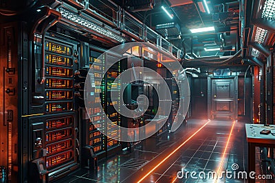 Modern server Internet networks. Photo of a high-tech data center with rows of servers and advanced cooling systems Stock Photo