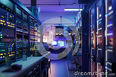 Modern server Internet networks. Photo of a high-tech data center with rows of servers and advanced cooling systems Stock Photo