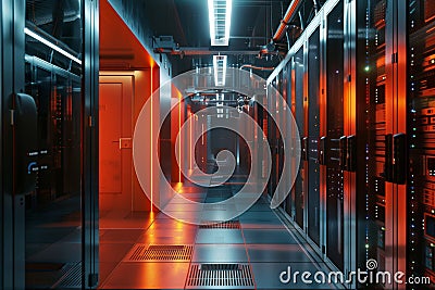Modern server Internet networks. Photo of a high-tech data center with rows of servers and advanced cooling systems Stock Photo