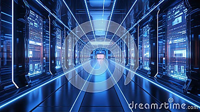 Modern server room, corridor in data centre with Supercomputer racks, neon lights and conditioner Stock Photo