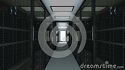 Modern server room interior in datacenter, web network and internet telecommunication technology, big data storage and Stock Photo