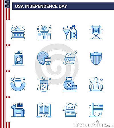 Modern Set of 16 Blues and symbols on USA Independence Day such as bottle; star; wine; movies; chair Vector Illustration