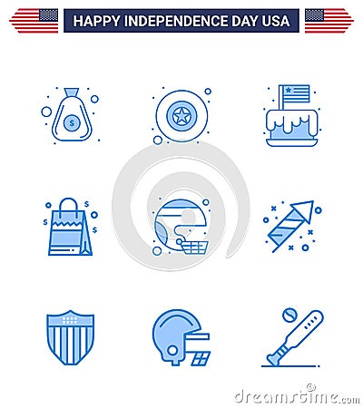 Modern Set of 9 Blues and symbols on USA Independence Day such as football; american; cake; usa; bag Vector Illustration