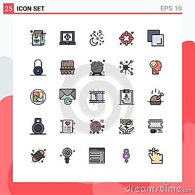 Filled line Flat Color Pack of 25 Universal Symbols of duplicate, lifebuoy, moon, life, fireworks Vector Illustration