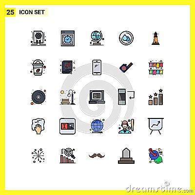 Modern Set of 25 Filled line Flat Colors Pictograph of light, lighthouse, web, blood, medical Vector Illustration