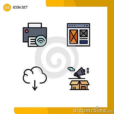 Modern Set of 4 Filledline Flat Colors Pictograph of computers, web, hardware, interface, data Vector Illustration