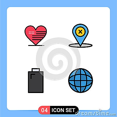 Modern Set of 4 Filledline Flat Colors Pictograph of heart, electric, flag, place, map Vector Illustration